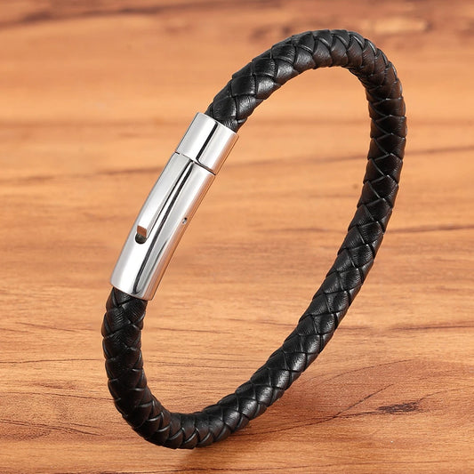 Stainless Steel Button Simple Design Mens Leather Bracelet