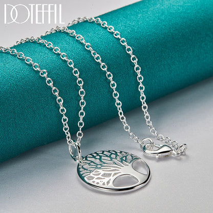 925 Sterling Silver Chain Tree Round Pendant Necklace For Woman