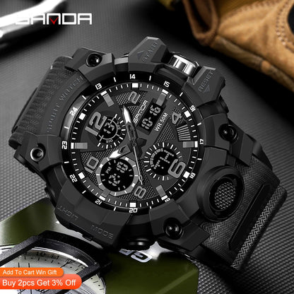 Sports Military Mens Watch Waterproof Dual Display Quartz