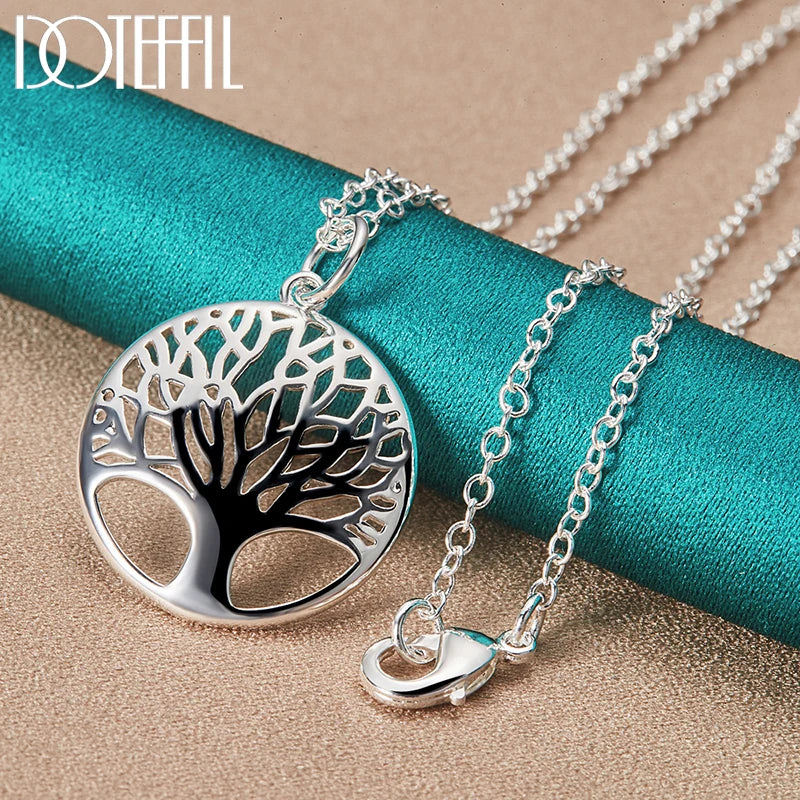 925 Sterling Silver Chain Tree Round Pendant Necklace For Woman