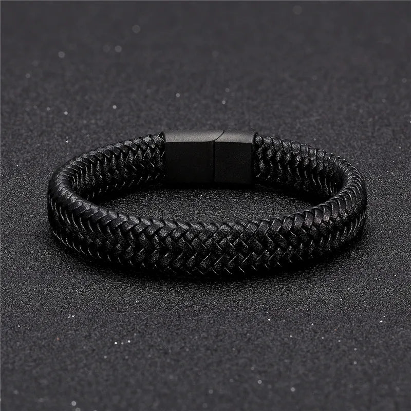 Punk Mens Leather Bracelet Magnetic Clasp Braided Woven Bangle