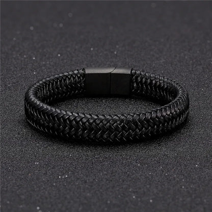 Punk Mens Leather Bracelet Magnetic Clasp Braided Woven Bangle