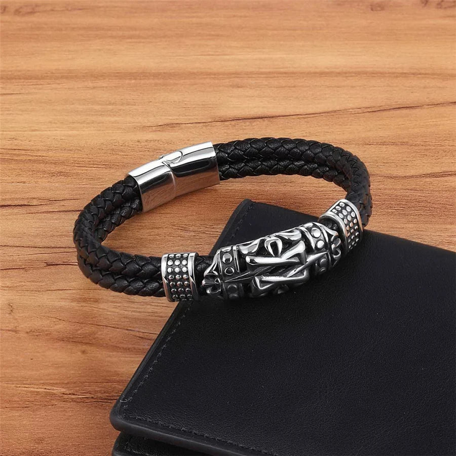 Punk Style Ancient Architecture Totem Genuine Leather Mens Bracelet