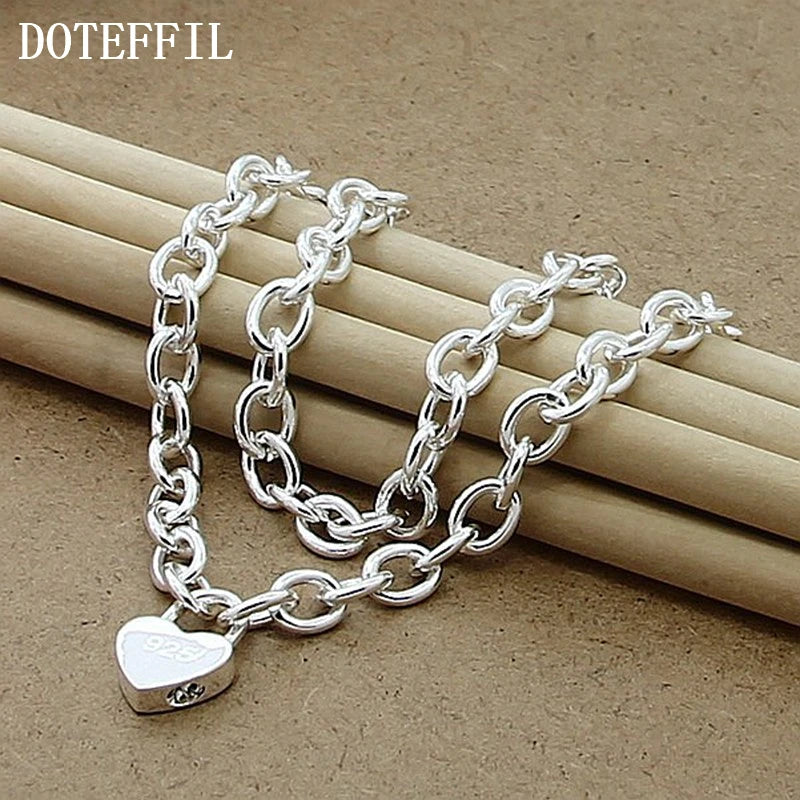 925 Sterling Silver Heart Lock Pendant Necklace 18 Inch Chain For Women