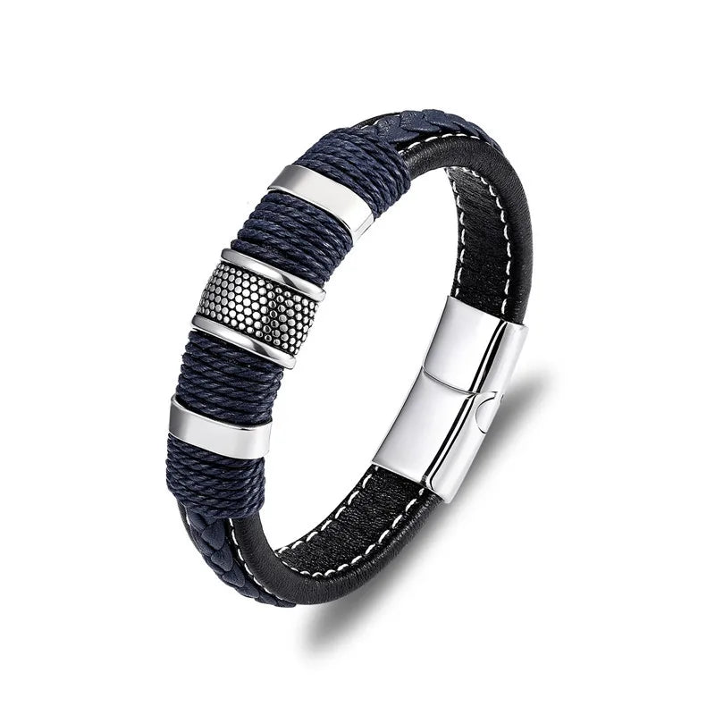 Punk Multilayer Braid Leather Magnetic Buck Men Bracelet