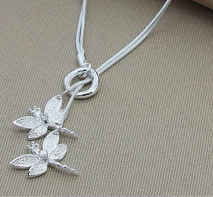 925 Sterling Silver Two Dragonfly Pendant Necklace For Women Snake Chain