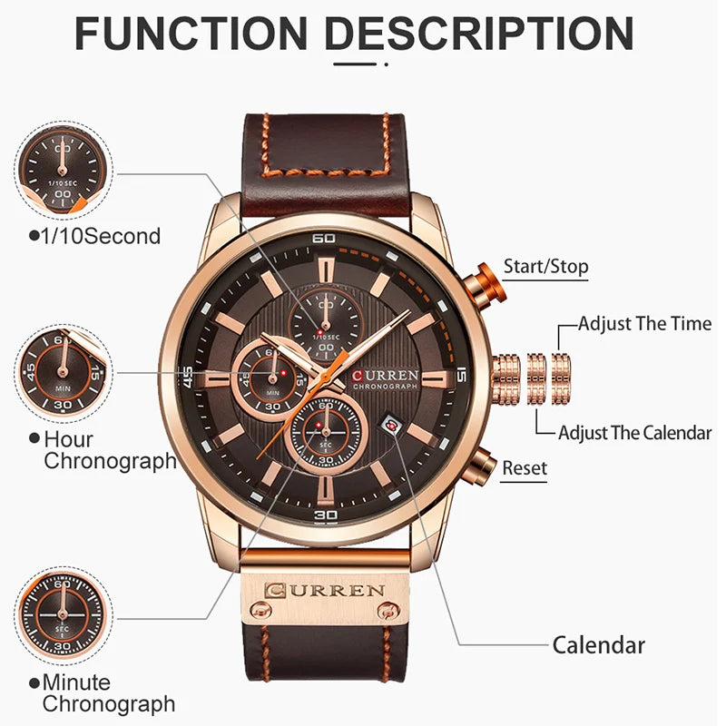 Mens Leather Sports Watch Army Military Quartz Wristwatch Chronograph