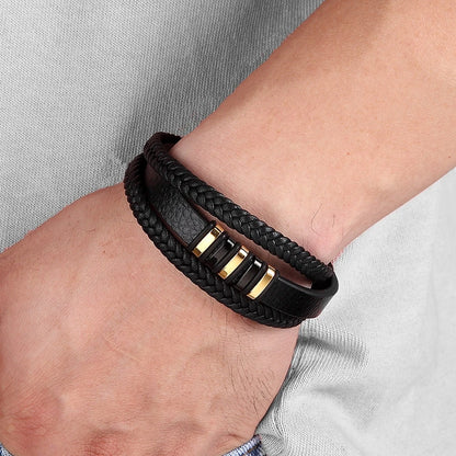 Fashion Stainless Steel Charm Magnetic Mens Leather Bracelet