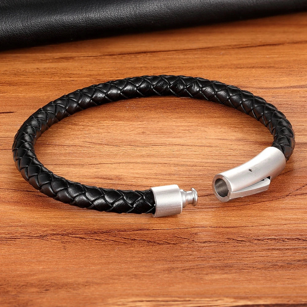 Mens Leather Bracelet Stainless Steel Button Hand Woven Bracelets