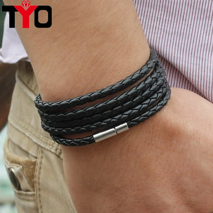 Handmade Round Rope Turn Buckle Mens Leather Bracelet