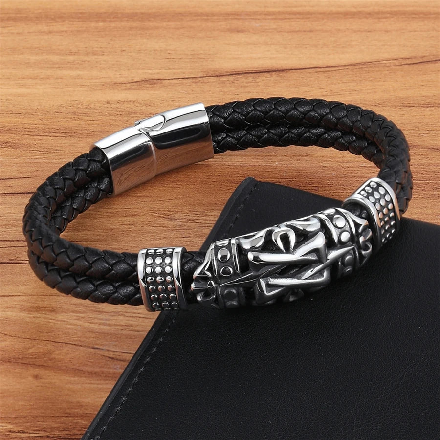 Punk Style Ancient Architecture Totem Genuine Leather Mens Bracelet