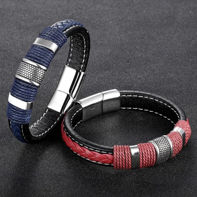 Punk Multilayer Braid Leather Magnetic Buck Men Bracelet