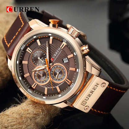 Mens Leather Sports Watch Army Military Quartz Wristwatch Chronograph