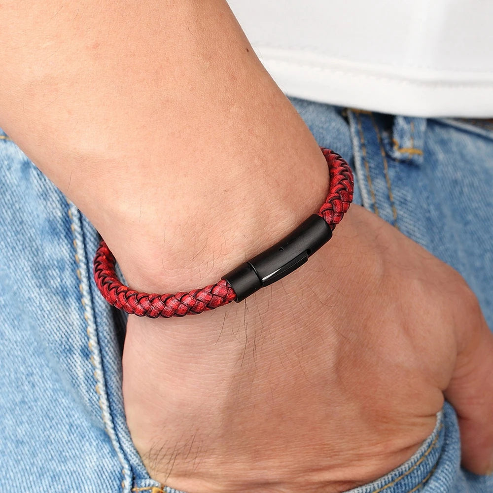 Mens Leather Bracelet Stainless Steel Button Hand Woven Bracelets