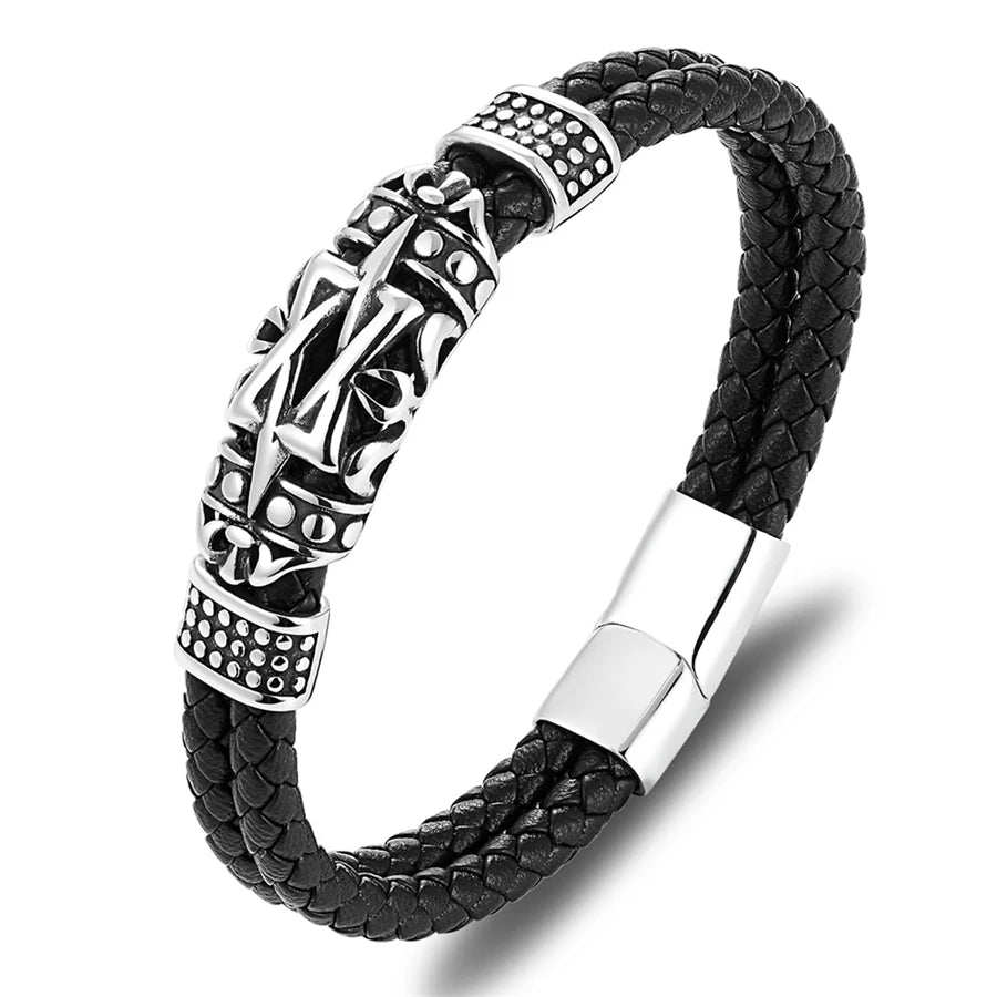 Punk Style Ancient Architecture Totem Genuine Leather Mens Bracelet