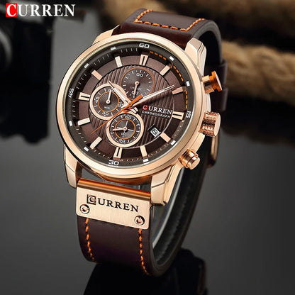 Mens Leather Sports Watch Army Military Quartz Wristwatch Chronograph