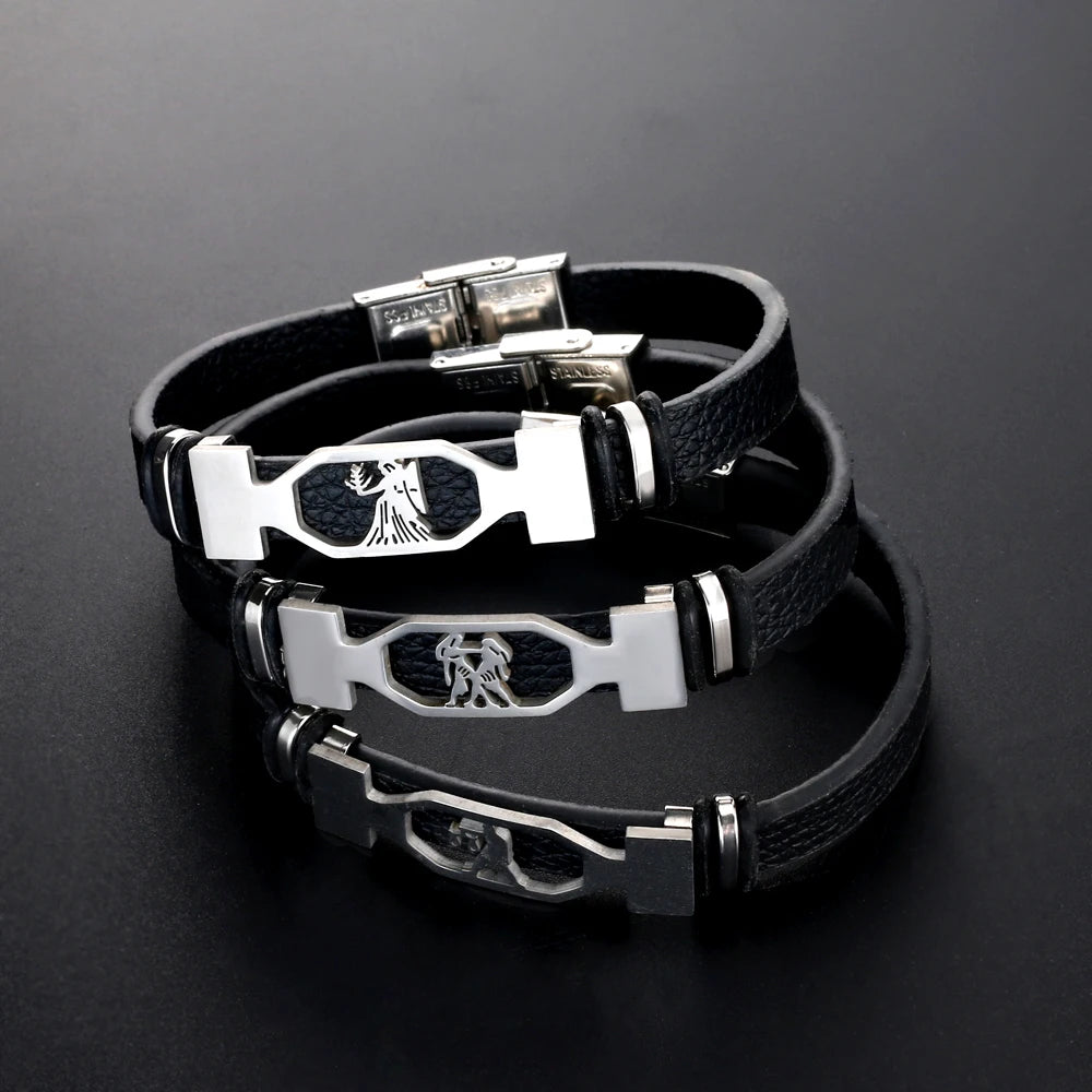 12 Constellation Men Women Zodiac Sign Leather Wrap Bracelet