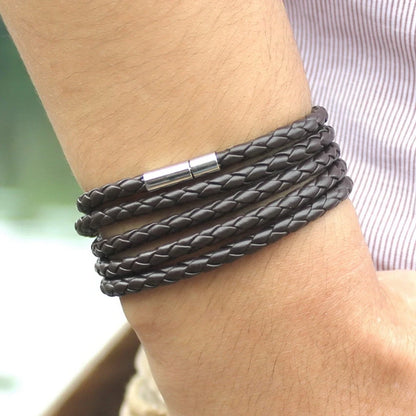 Retro Wrap Long Leather Bracelet Men Bangles With 5 Laps