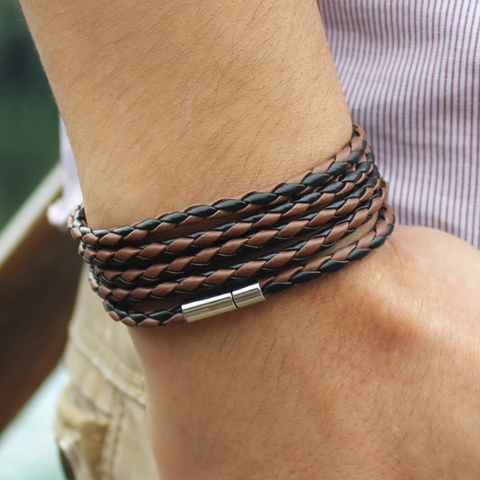 Handmade Round Rope Turn Buckle Mens Leather Bracelet