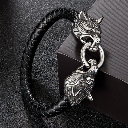 Classic Viking Stainless Steel Mens Leather Bracelet