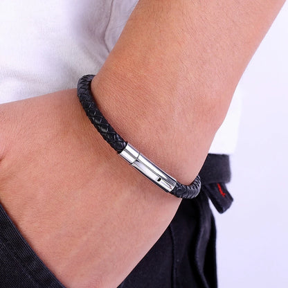 Stainless Steel Braided Genuine Leather Unisex Bracelet