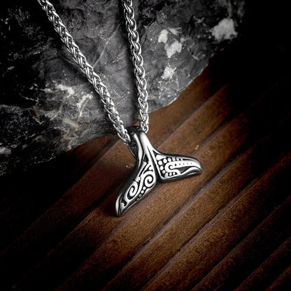 Ocean Style Vintage Oxidized Stainless Steel Whale Tail Pendant Necklace