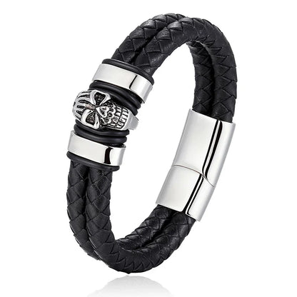 Stainless Steel Cool Skull Braided Mens Leather Bracelet