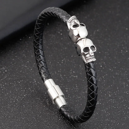 Stainless Steel Cool Skull Braided Mens Leather Bracelet