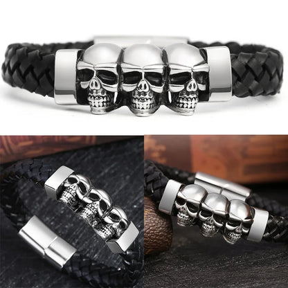 Stainless Steel Cool Skull Braided Mens Leather Bracelet