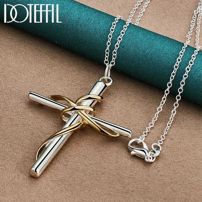 925 Sterling Silver Gold Cross Pendant Necklace Chain For Woman Man