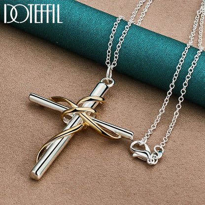 925 Sterling Silver Gold Cross Pendant Necklace Chain For Woman Man