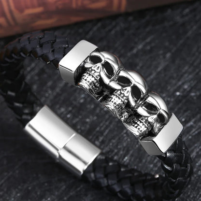 Stainless Steel Cool Skull Braided Mens Leather Bracelet