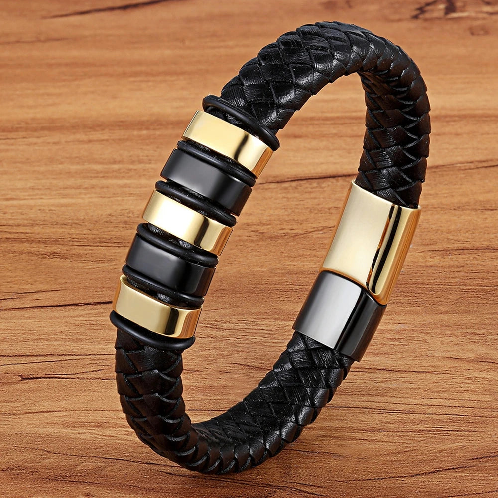 Luxury Braided Rope Black Leather Stainless Steel Mens Bracelet