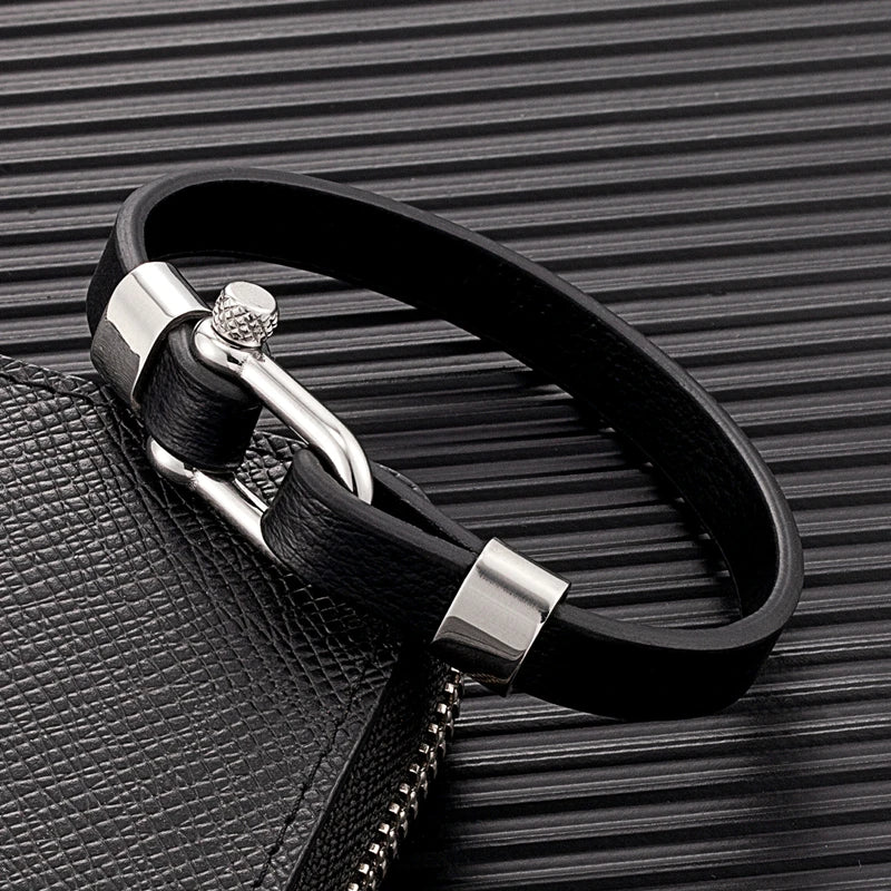 Unisex Leather Bracelet Screw Shackle Buckle Bangle Wristband