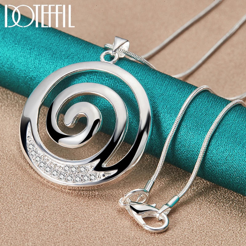 925 Sterling Silver AAA Zircon Round Spiral Pendant Necklace For Woman Man