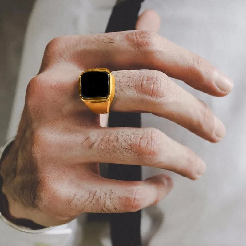 Mens Ring Black Carnelian Signet Rings Stainless Steel Square Pinky Rings