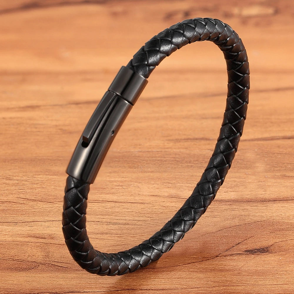 Stainless Steel Braided Genuine Leather Unisex Bracelet