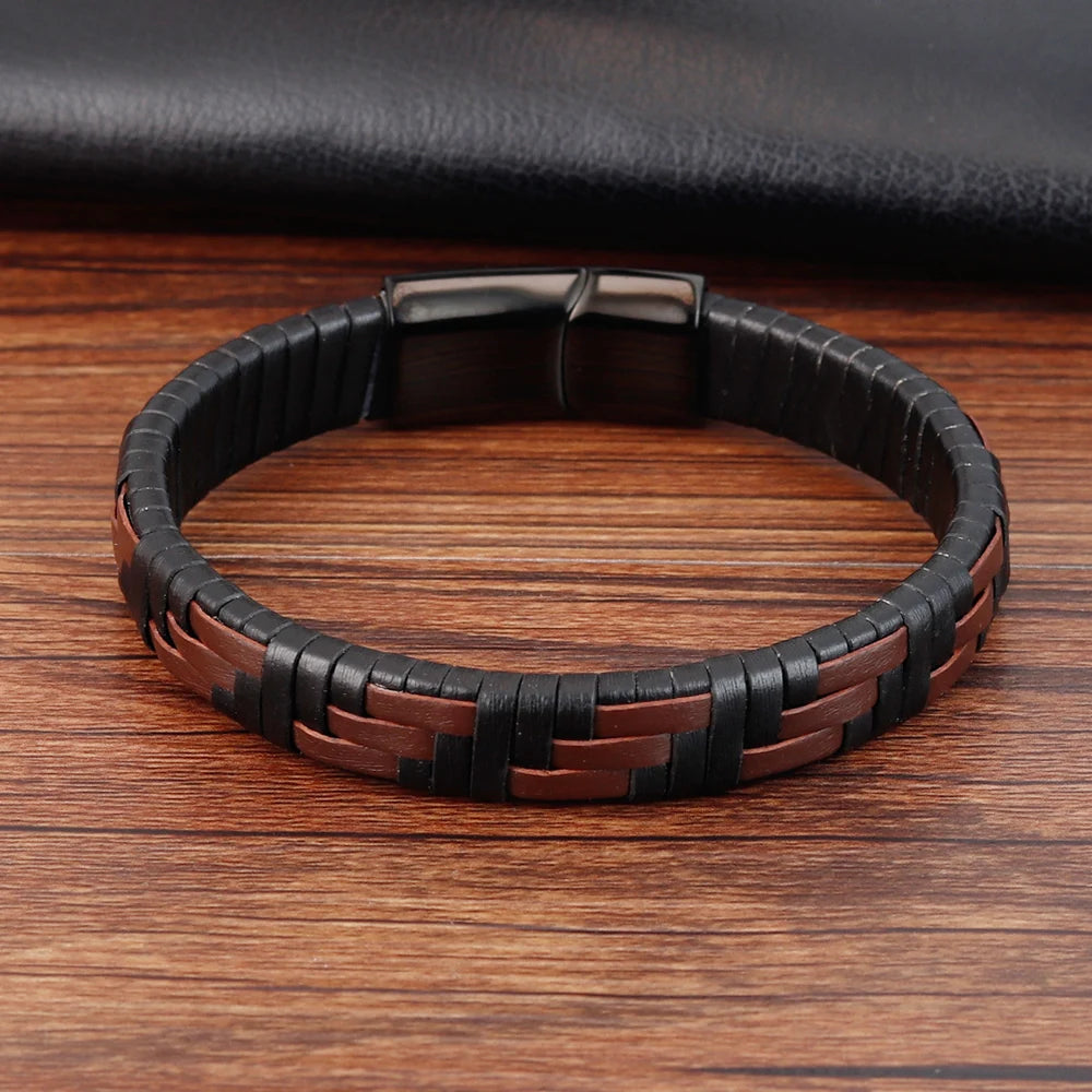 Hand Knitted Mens Leather Bracelet Stainless Steel Magnetic Clasp