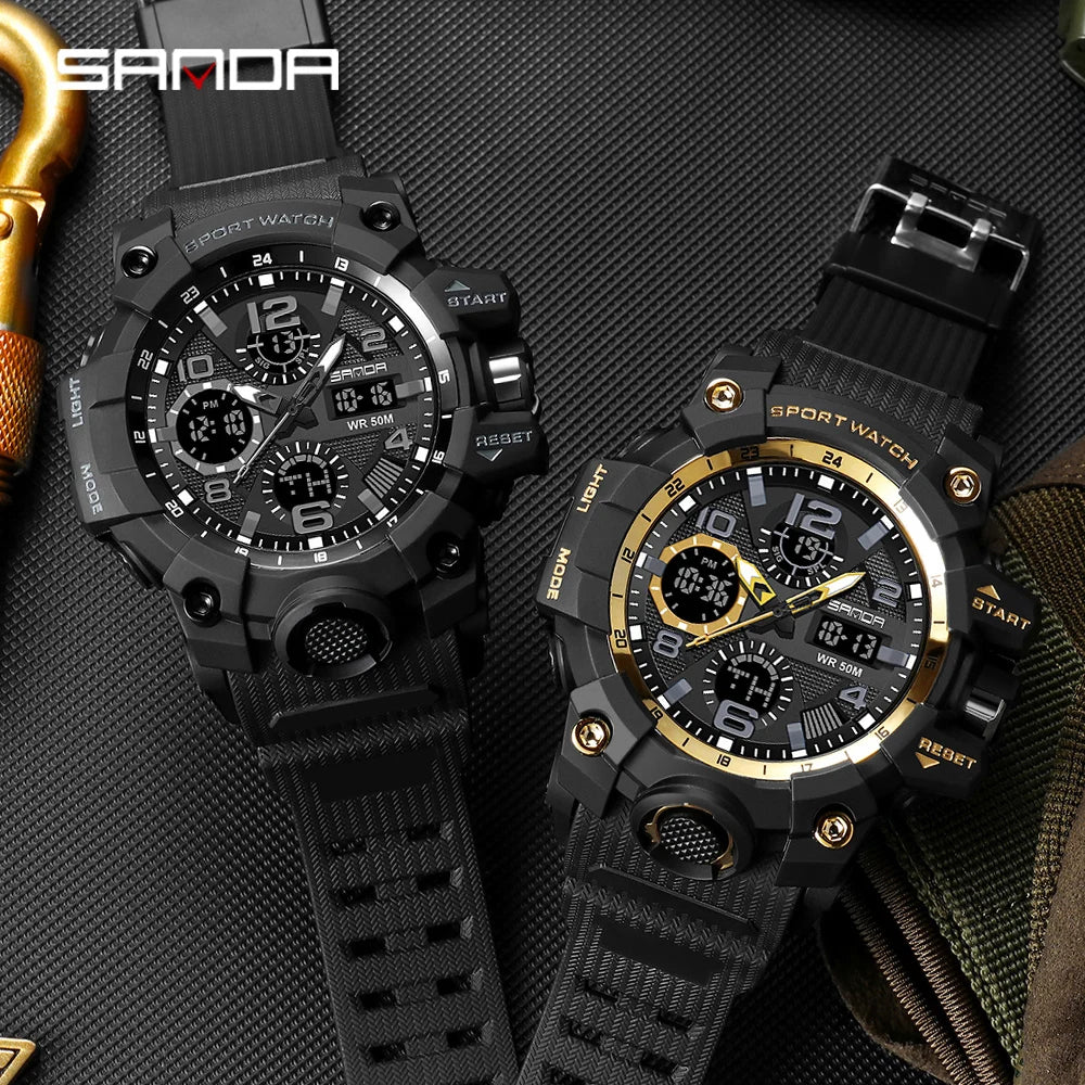 Sports Military Mens Watch Waterproof Dual Display Quartz