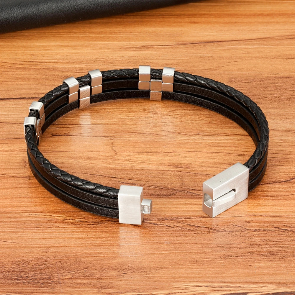 Three Layer Stitching Accessories Stainless Steel Mens Leather Bracelet