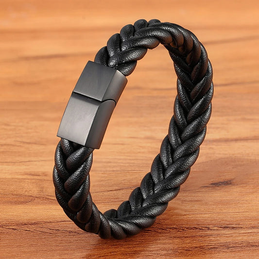 Classic Style Stainless Steel Leather Mens Bracelet