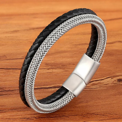 Fashion Stainless Steel Charm Magnetic Mens Leather Bracelet