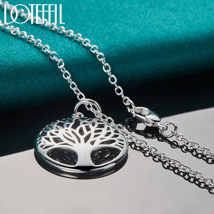 925 Sterling Silver Chain Tree Round Pendant Necklace For Woman