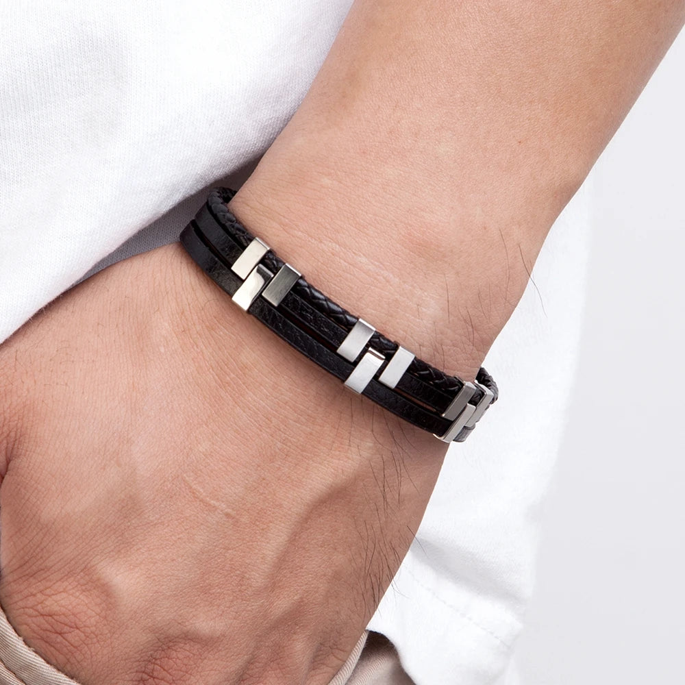 Three Layer Stitching Accessories Stainless Steel Mens Leather Bracelet