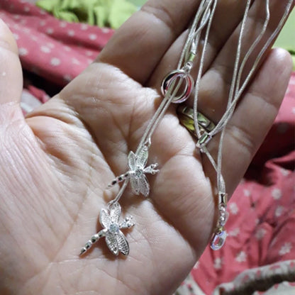 925 Sterling Silver Two Dragonfly Pendant Snake Chain Necklace For Women