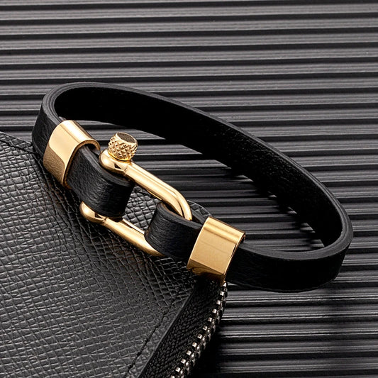 Unisex Leather Bracelet Screw Shackle Buckle Bangle Wristband