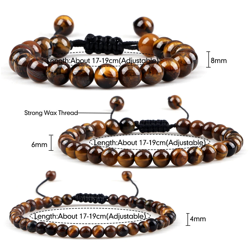 Natural Tiger Eye Stone Bracelet Round Beads Braided String Bracelets