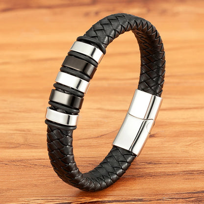 Luxury Braided Rope Black Leather Stainless Steel Mens Bracelet