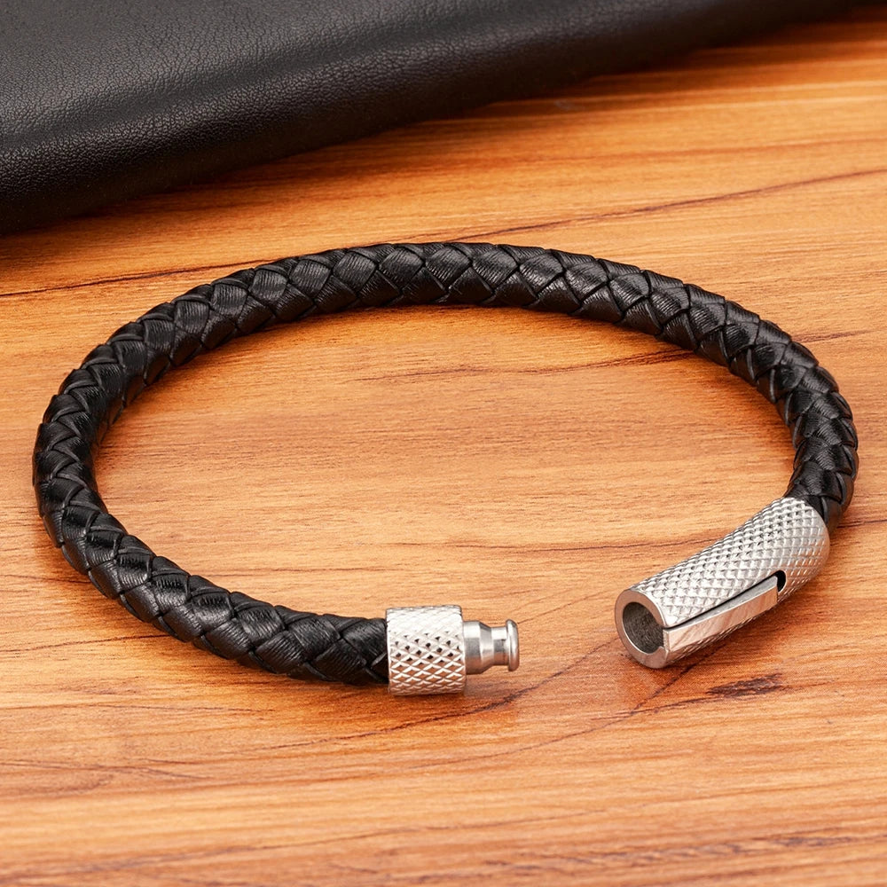 Combination Stainless Steel Mens Leather Bracelet