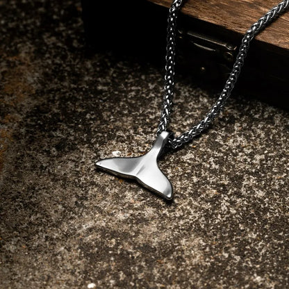 Ocean Style Vintage Oxidized Stainless Steel Whale Tail Pendant Necklace